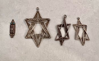 3 Silver Jewish Stars , One Silver Mezzuzah